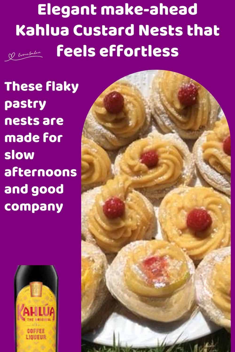 An image of a plate of Kahlua Custard Nests dusted with icing sugar and decorated with fruit