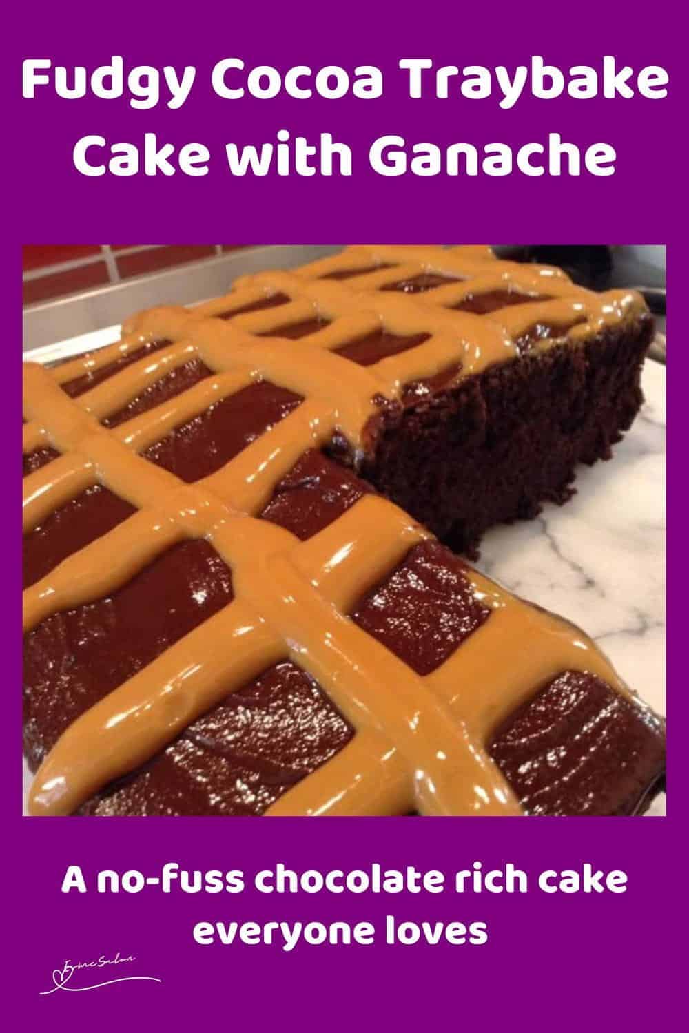 An image of a Fudgy Cocoa Traybake Cake with caramel topping