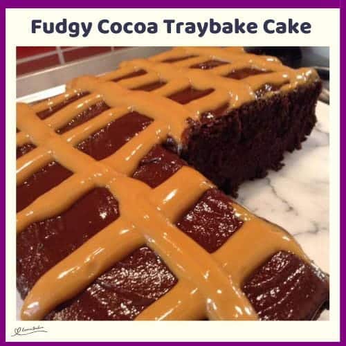 An image of a Fudgy Cocoa Traybake Cake with caramel topping