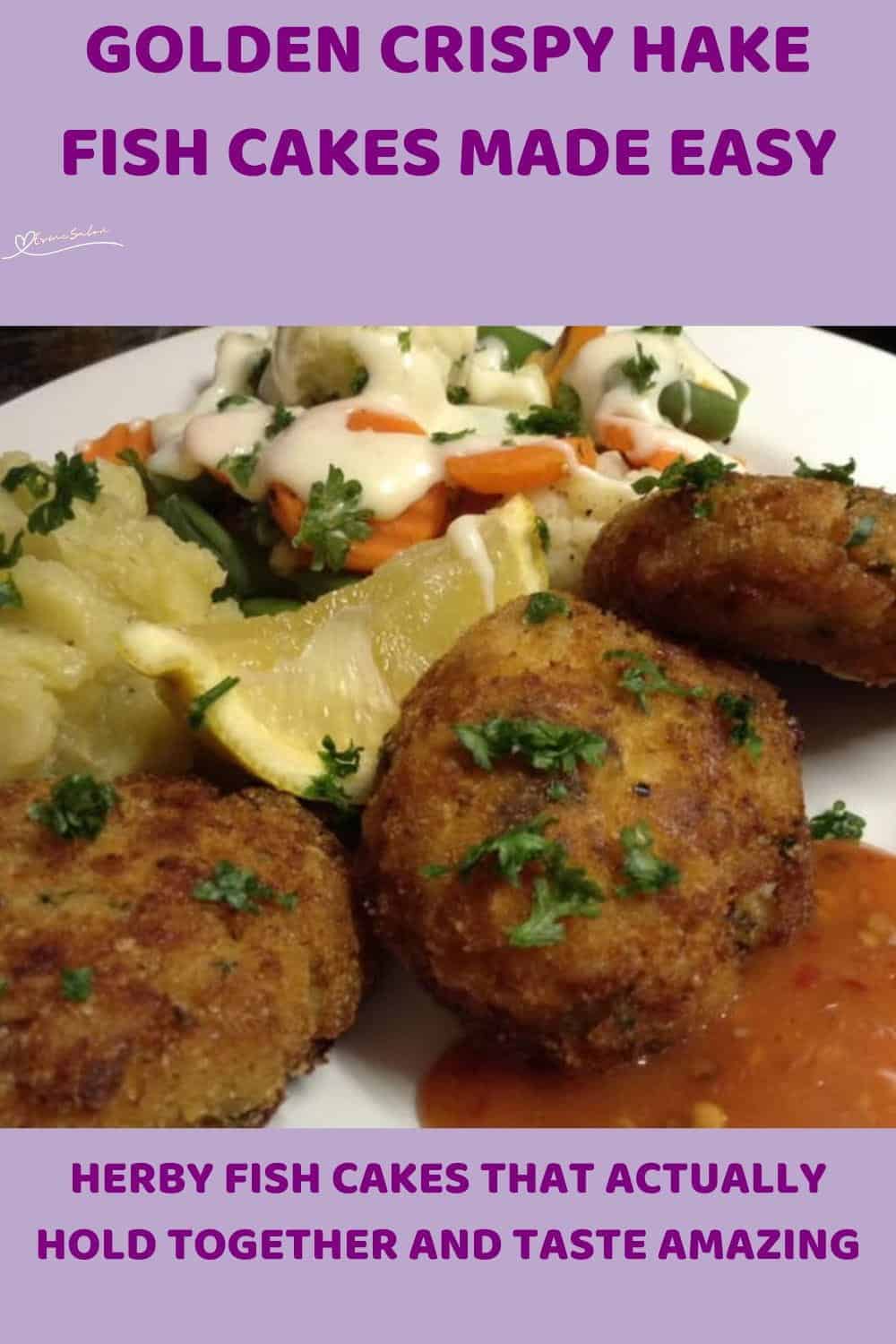 An image of Crispy Hake Fish Cakes, served with garlic and chili sauce, steamed vegetables in a white sauce