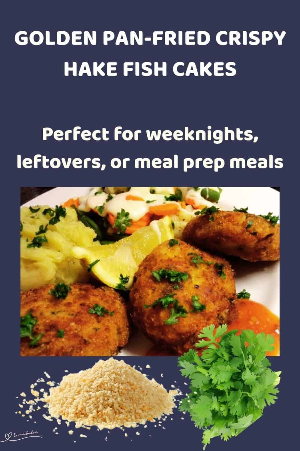 An image of Crispy Hake Fish Cakes, served with garlic and chili sauce, steamed vegetables in a white sauce