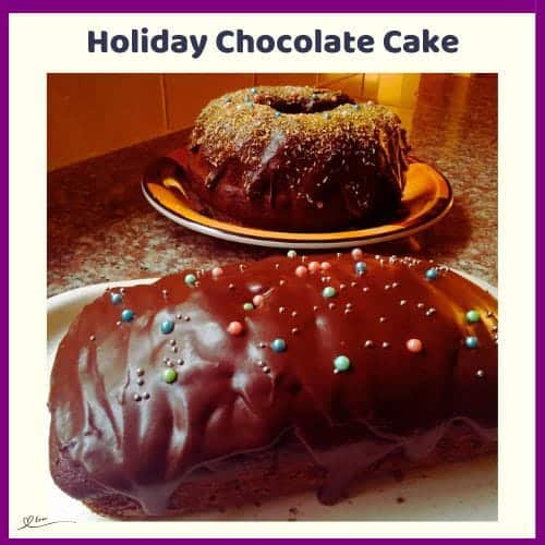 An image of a Holiday Chocolate Cake in Bundt and a loaf tin