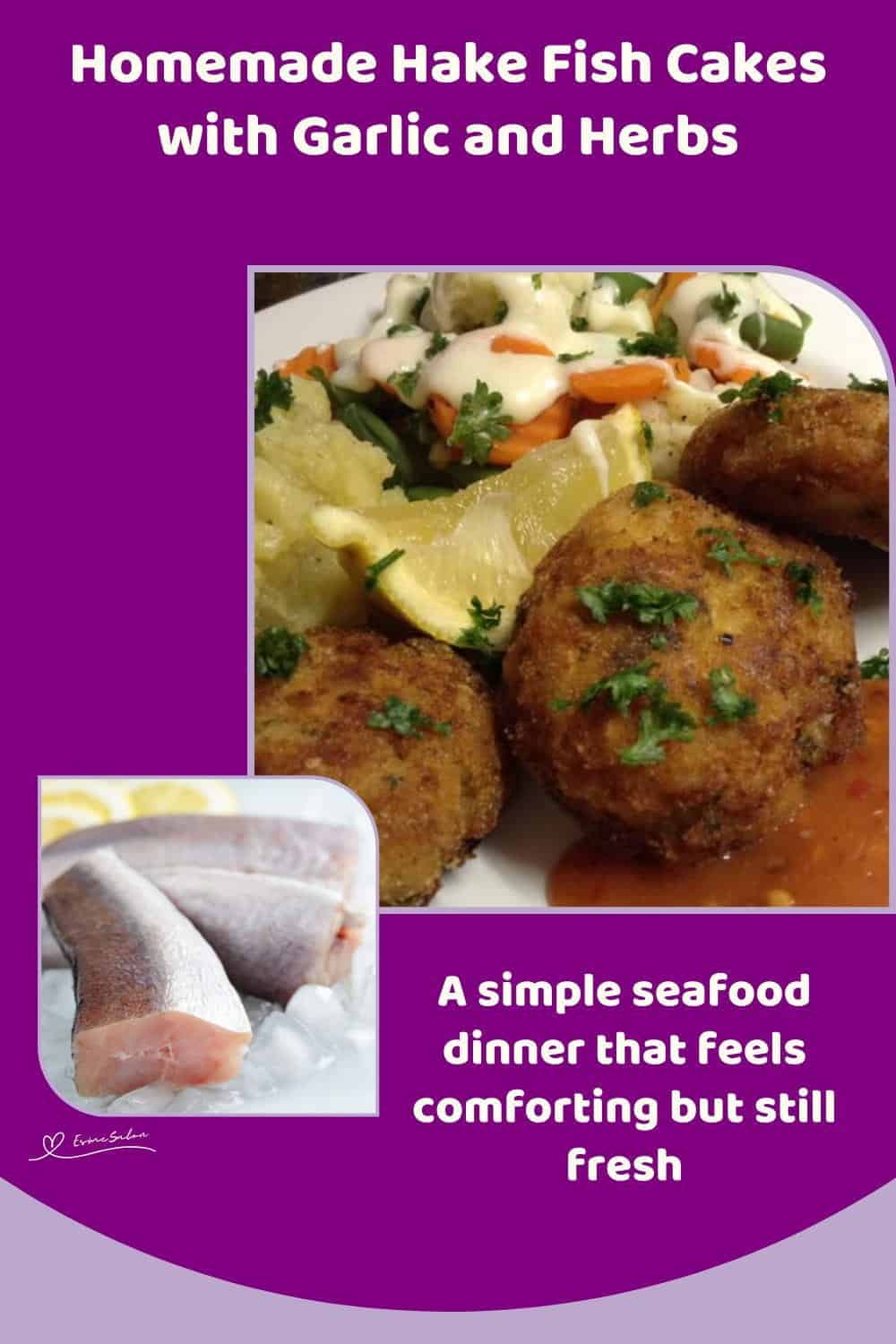 An image of Crispy Hake Fish Cakes, served with garlic and chili sauce, steamed vegetables in a white sauce