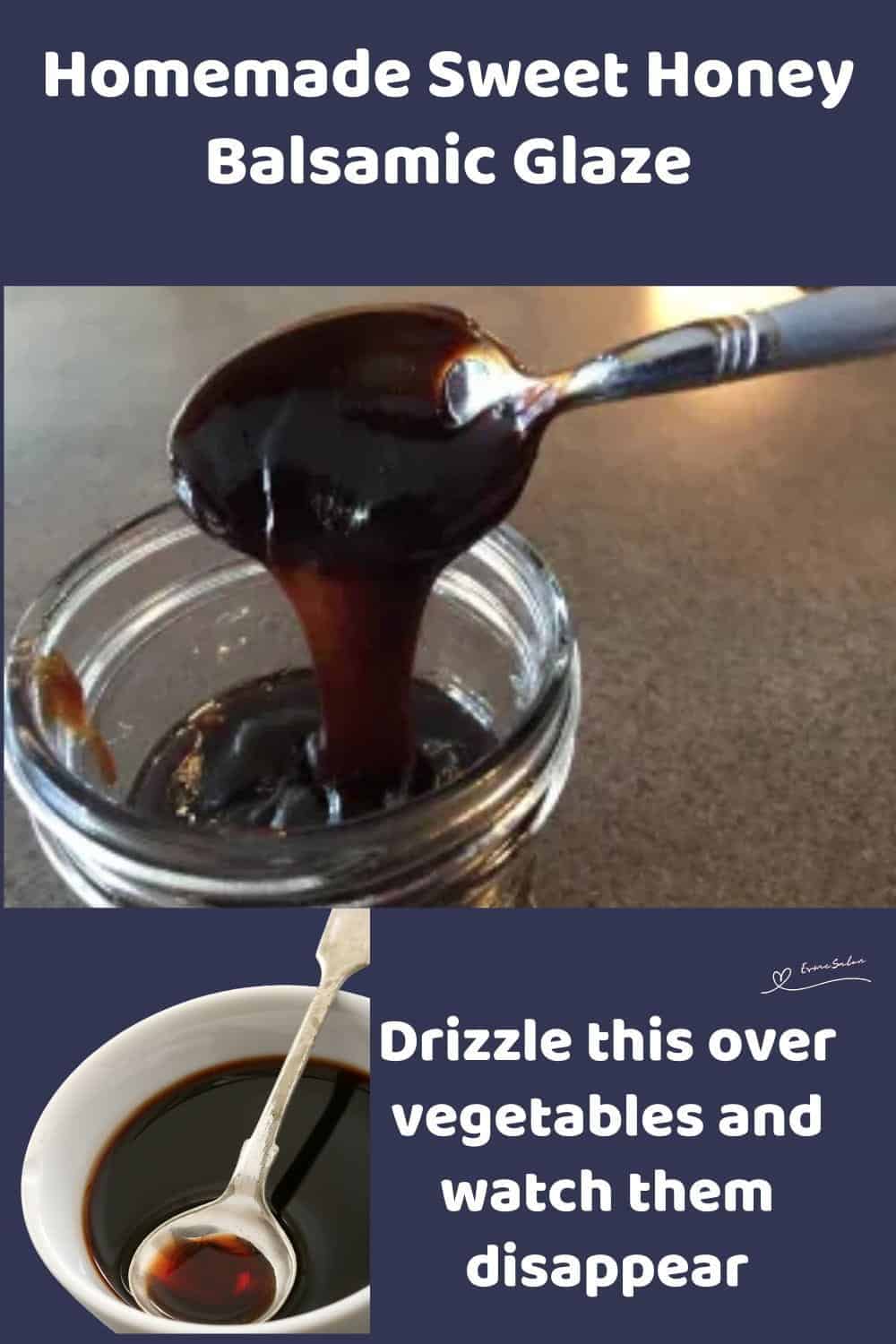 An image of a spoon dripping with Honey Balsamic Glaze into a Console jar