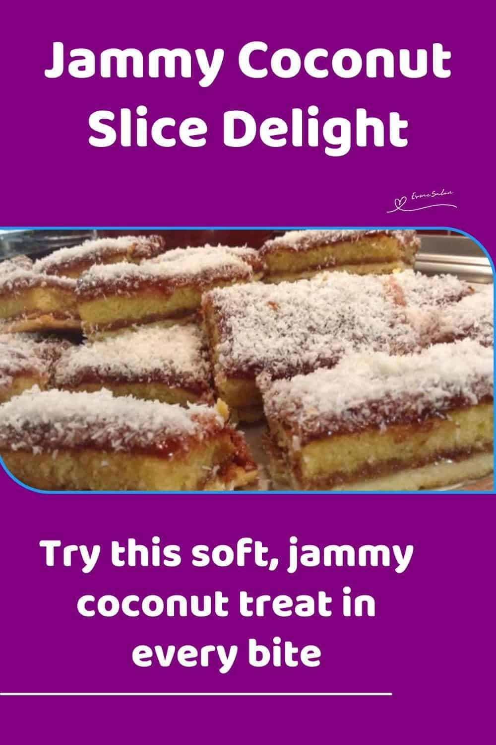 An image of a Jammy Coconut Slice on a soft base