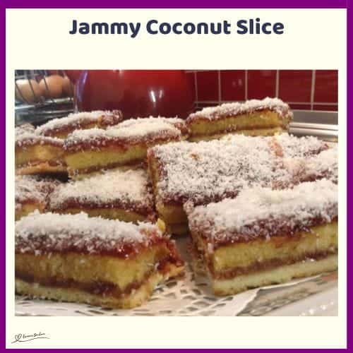 An image of a Jammy Coconut Slice on a soft base