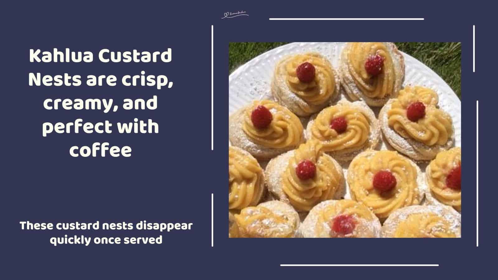 An image of a plate of Kahlua Custard Nests dusted with icing sugar and decorated with fruit