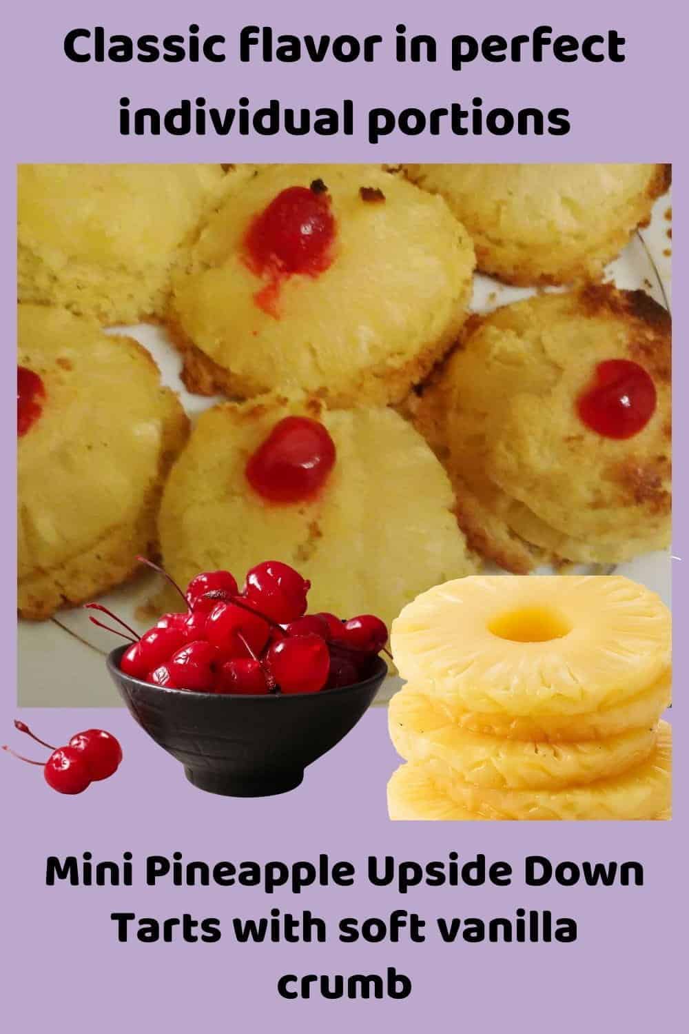 An image of a plate filled with Mini Pineapple Upside Down Tarts and a maraschino cherry in the center