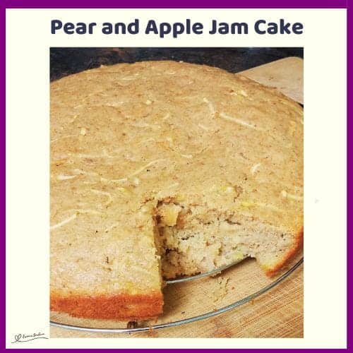 An image of a Pear and Apple Jam Cake resting on a cooling rack