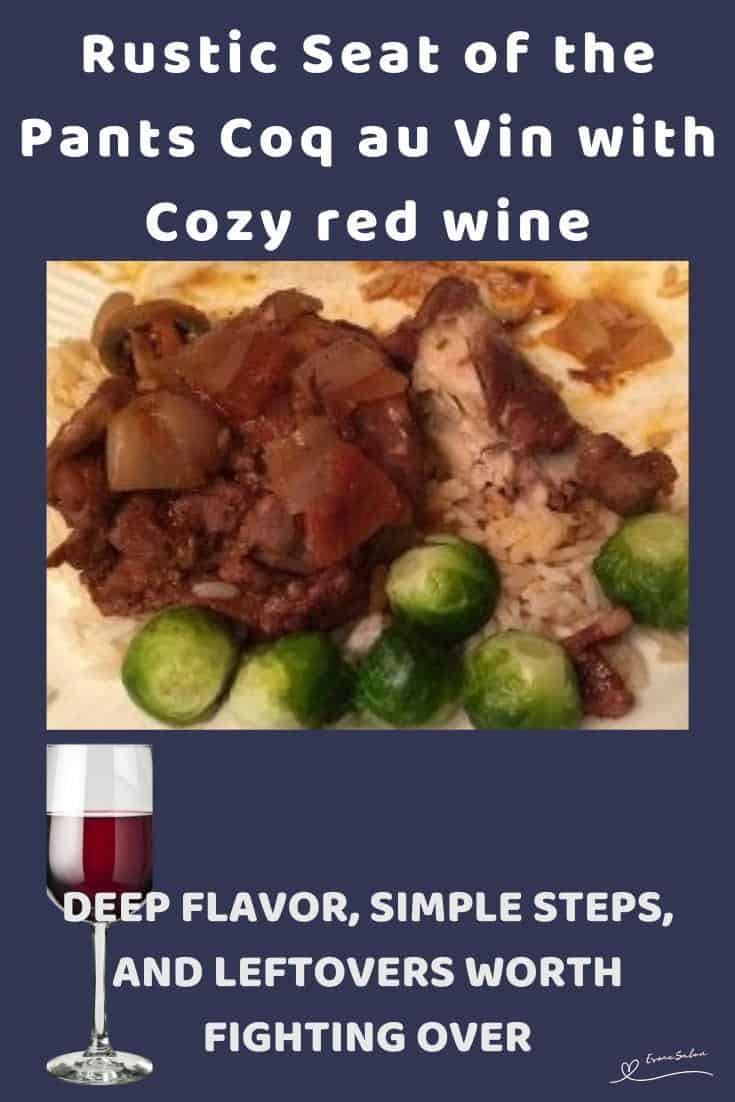 An image of a Seat of the Pants Coq au Vin with Brussel Sprouts on the side