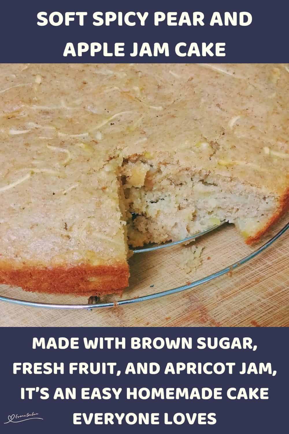 An image of a Pear and Apple Jam Cake resting on a cooling rack