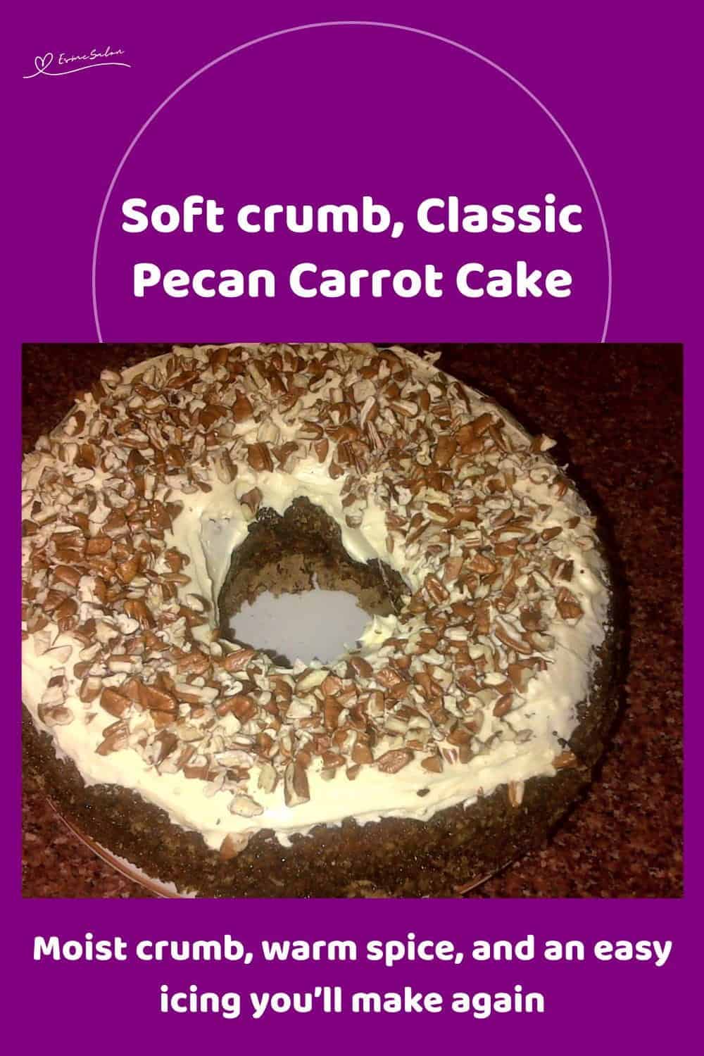 An image of a Classic Pecan Carrot Cake with cottage cheese icing and pecan nuts