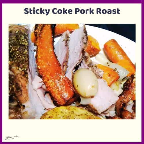 An image of Sticky Coke Pork Roast with 2 side dishes
