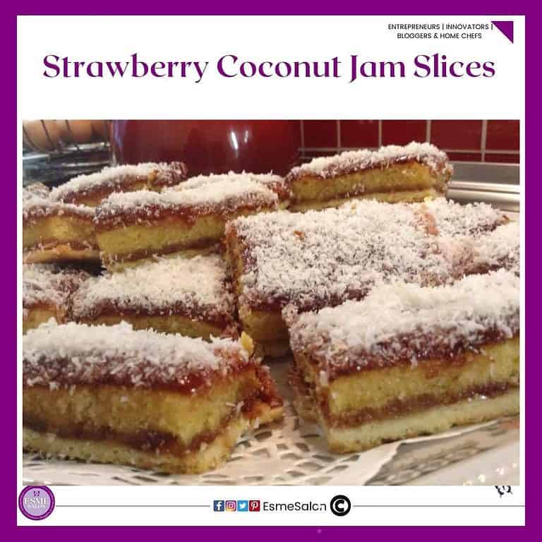 an image of a serving platter with blocks of Strawberry Coconut Jam Slices with copious amount of shredded coconut over the jam filling