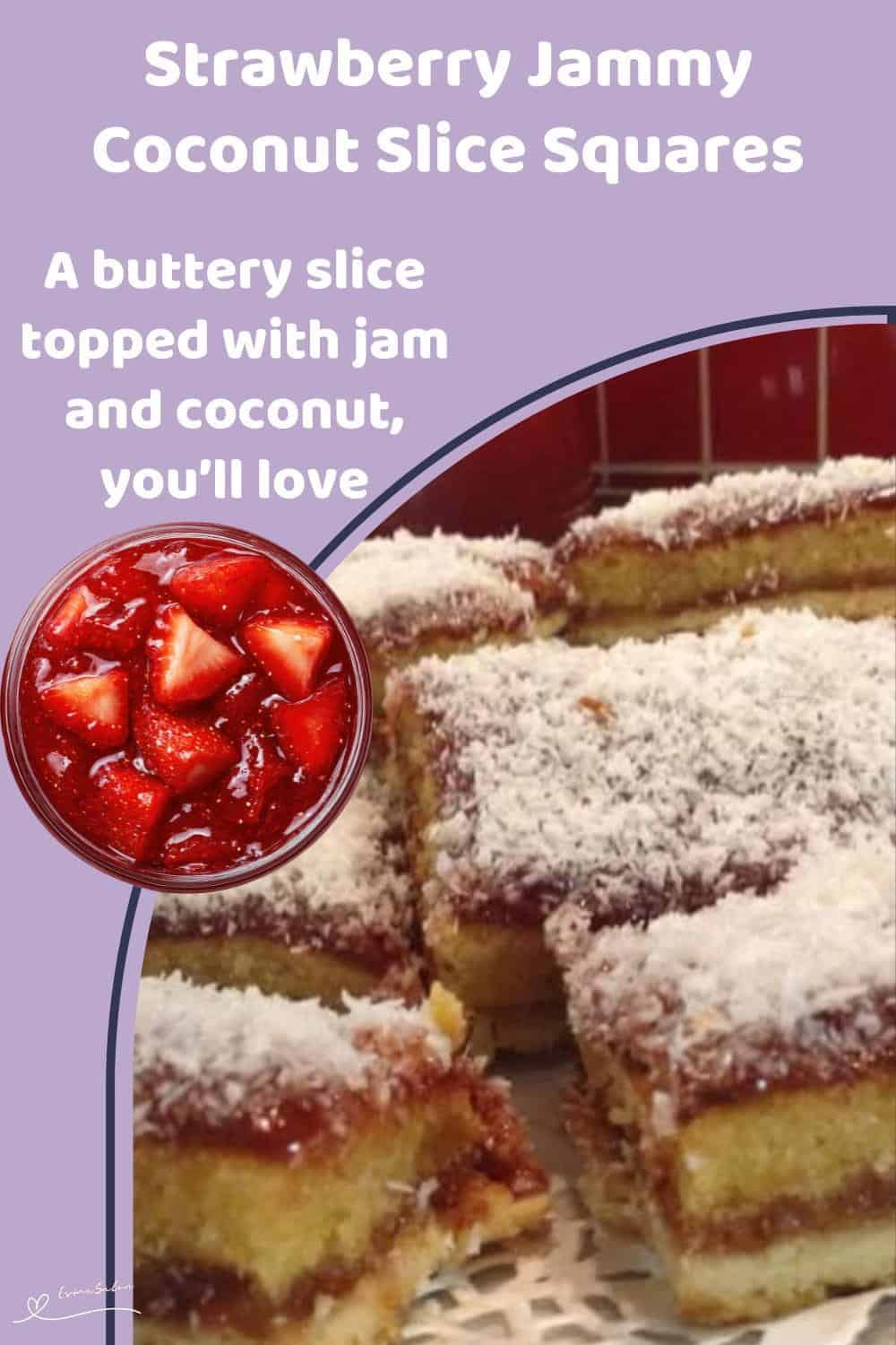 An image of a Jammy Coconut Slice on a soft base