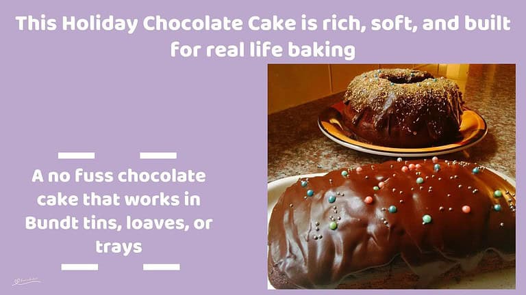 An image of a Holiday Chocolate Cake in Bundt and a loaf tin