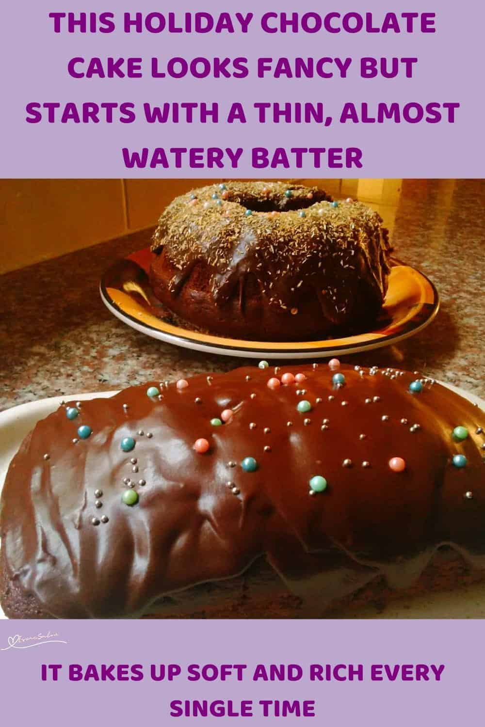 An image of a Holiday Chocolate Cake in Bundt and a loaf tin