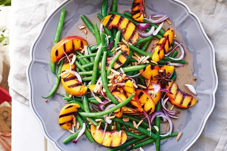 Chargrilled peaches with green beans and almonds