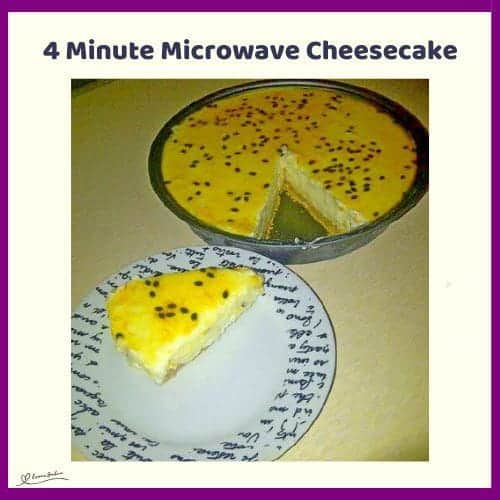 An image of a 4 Minute Microwave Cheesecake with passion fruit topping