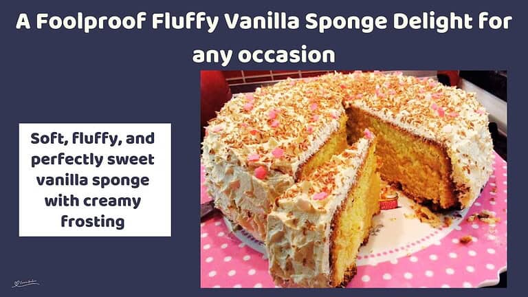 An image of a Fluffy Vanilla Sponge Cake Delight decorated with frosting and sprinkles