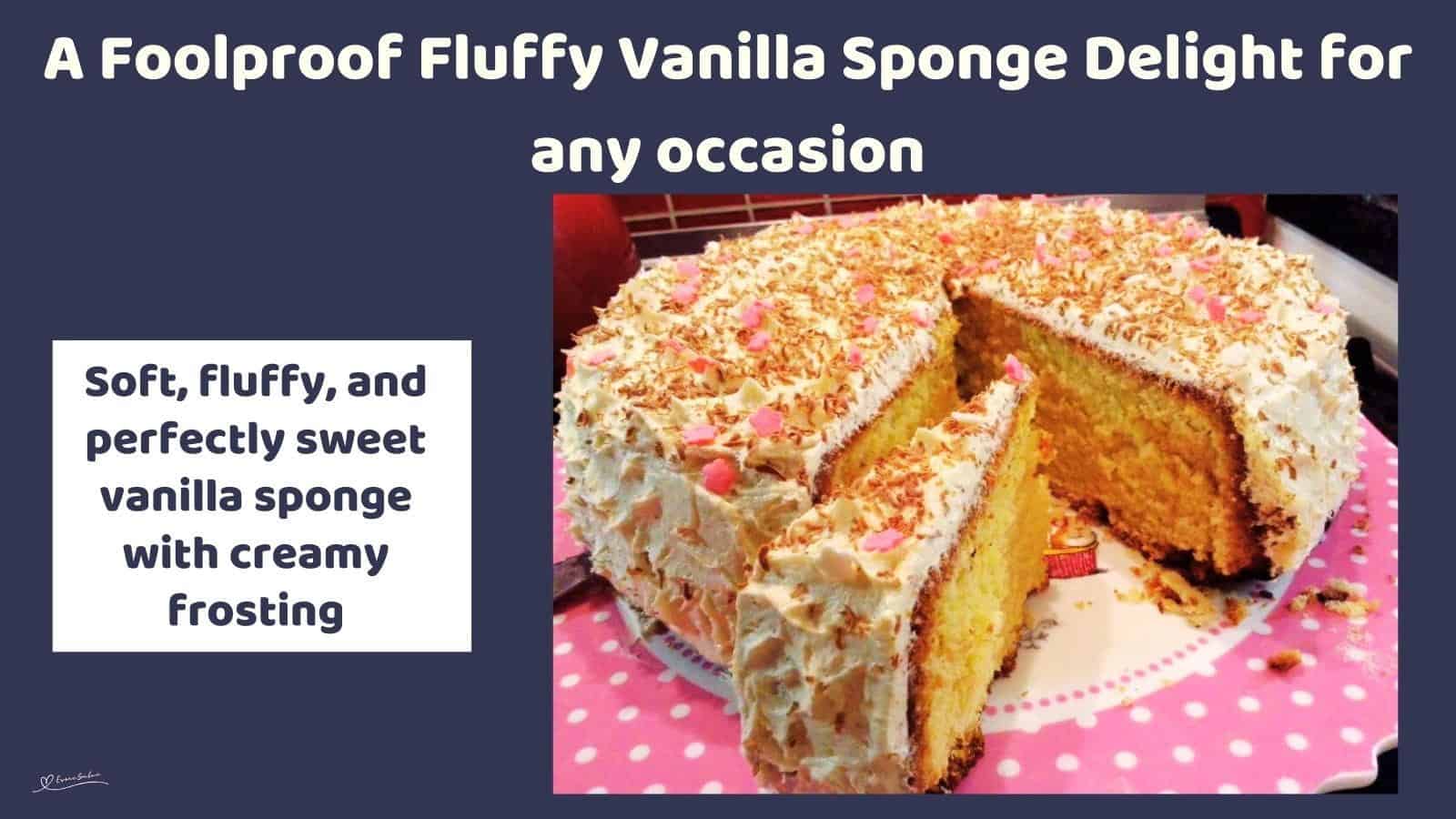 An image of a Fluffy Vanilla Sponge Cake Delight decorated with frosting and sprinkles