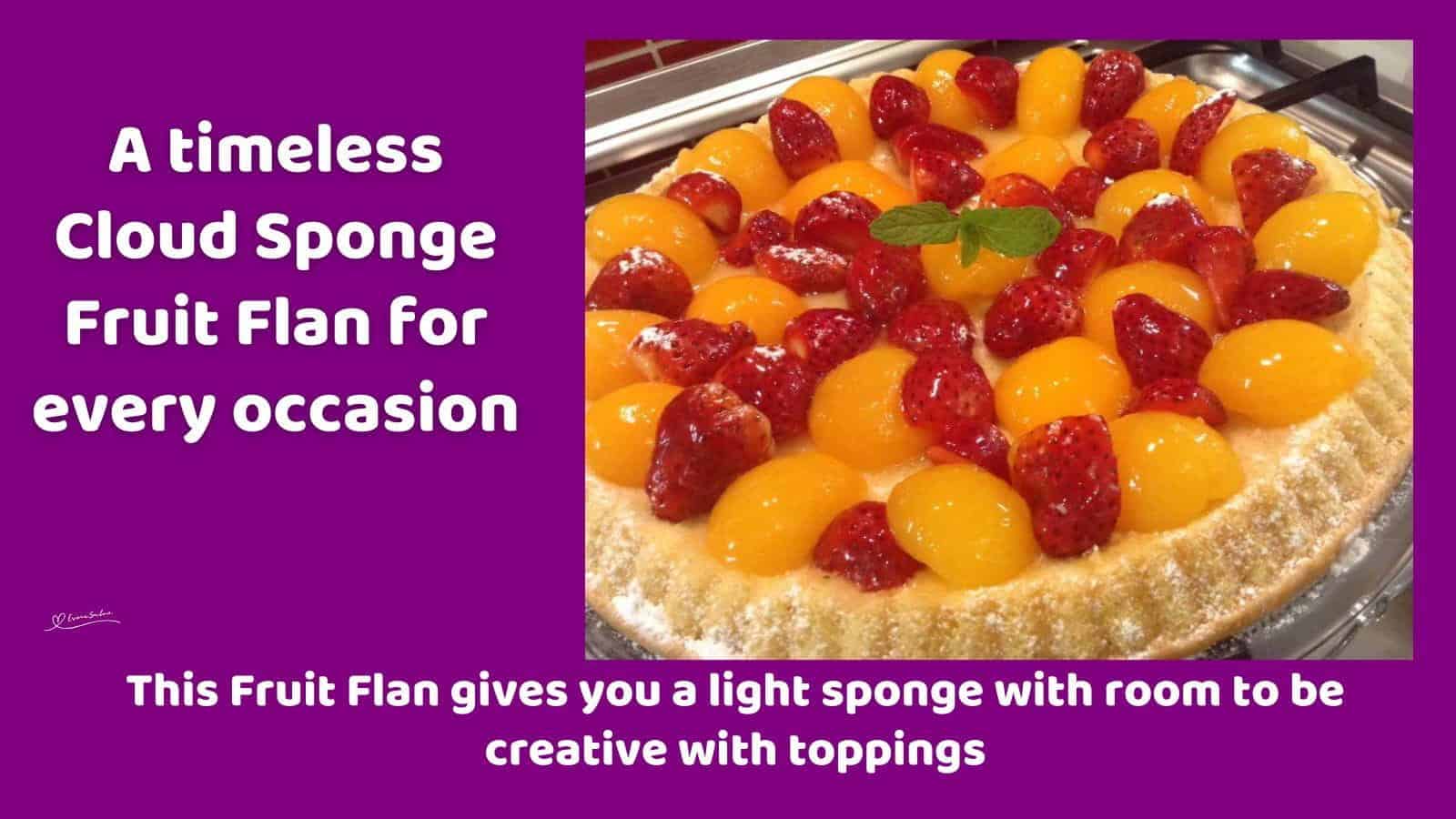 An image of a Cloud Sponge Fruit Flan with peaches and strawberries