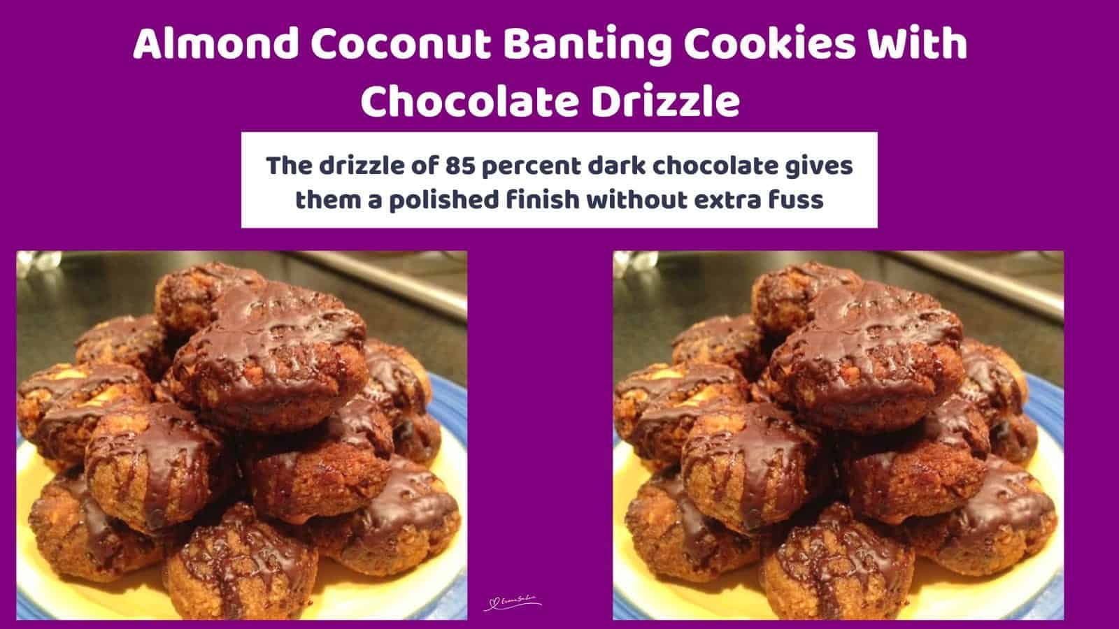 An image of a plate of Almond Coconut Banting Cookies drizzled with chocolate