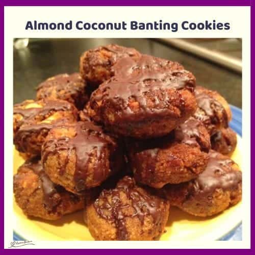 An image of a plate of Almond Coconut Banting Cookies drizzled with chocolate