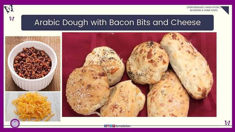 an image of Arabic Dough with Bacon Bits and Cheese buns on a red background