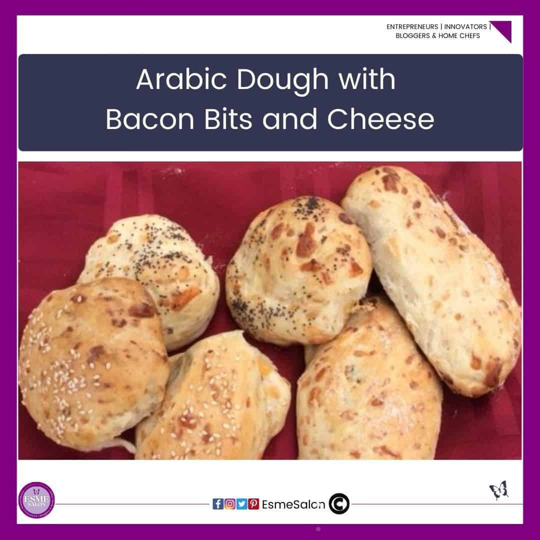an image of Arabic Dough with Bacon Bits and Cheese buns on a red background