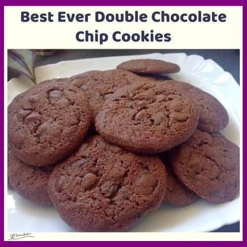 An image of Best Ever Double Chocolate Chip Cookies on a white platter