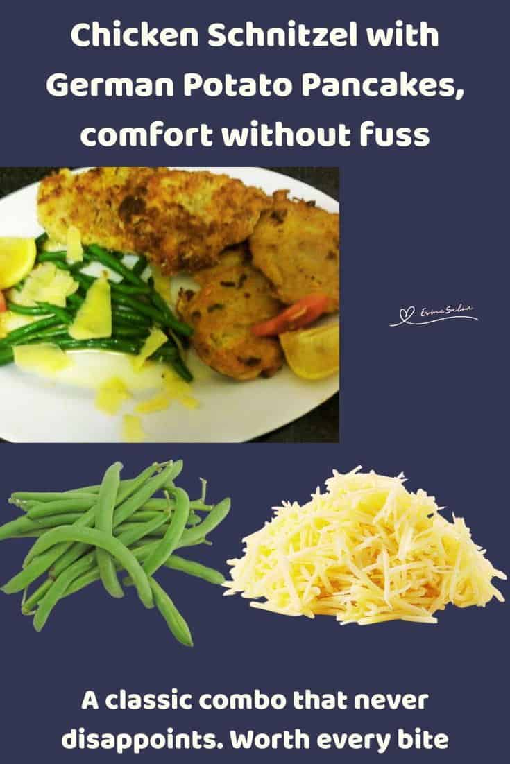 An image of Chicken Schnitzel with German Potato Pancakes served with green beans