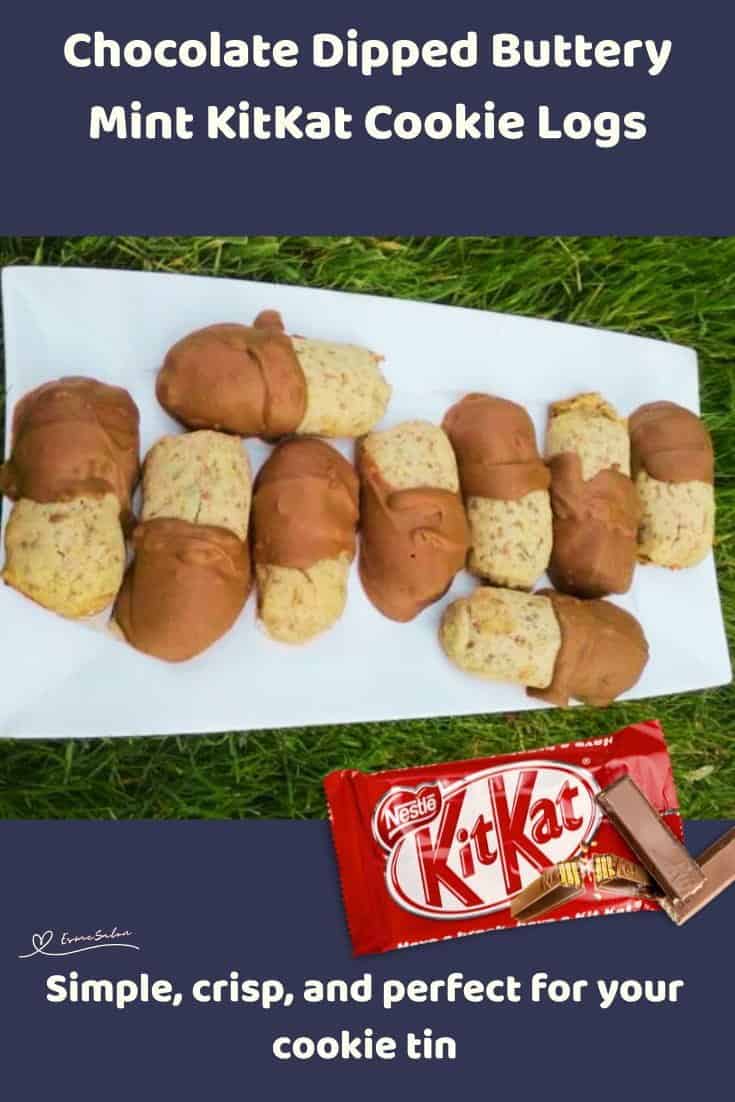 An image of Mint KitKat Cookie Logs dipped in chocolate on a white platter