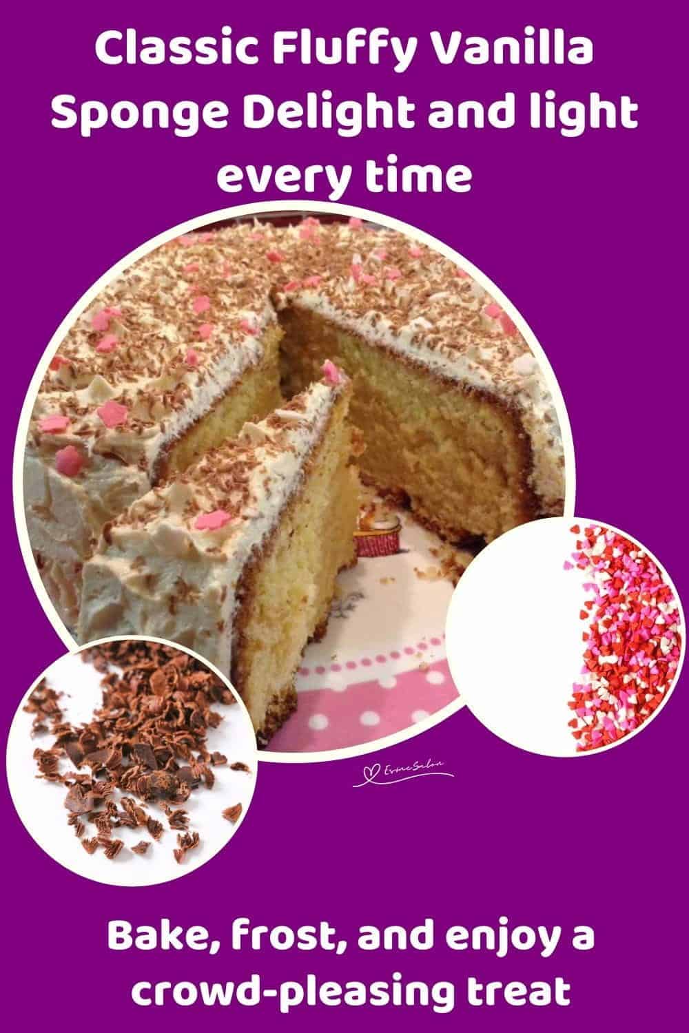 An image of a Fluffy Vanilla Sponge Cake Delight decorated with frosting and sprinkles