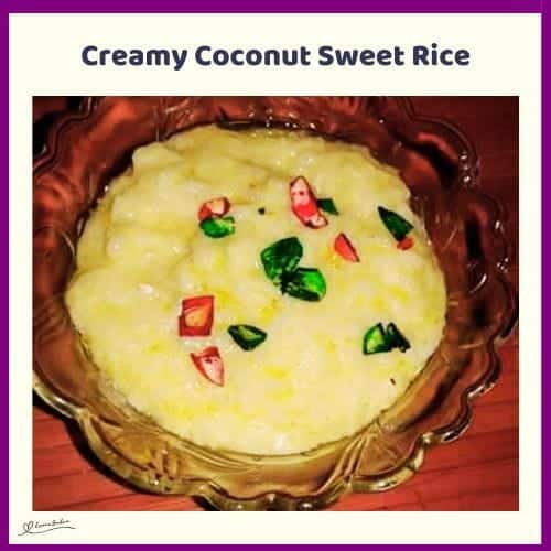 An image of a brown glass dish with Creamy Coconut Sweet Rice