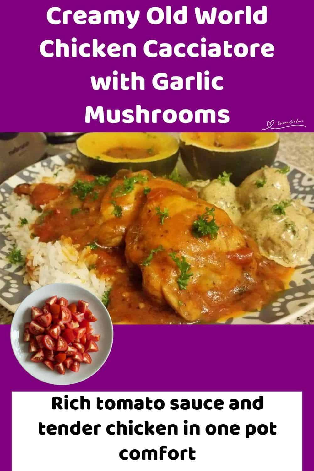 An image of Old World Chicken Cacciatore served with squash on the side and on a bed of rice