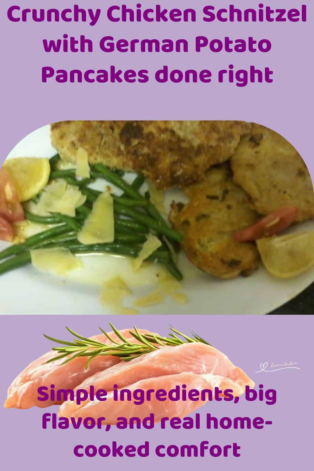 An image of Chicken Schnitzel with German Potato Pancakes served with green beans