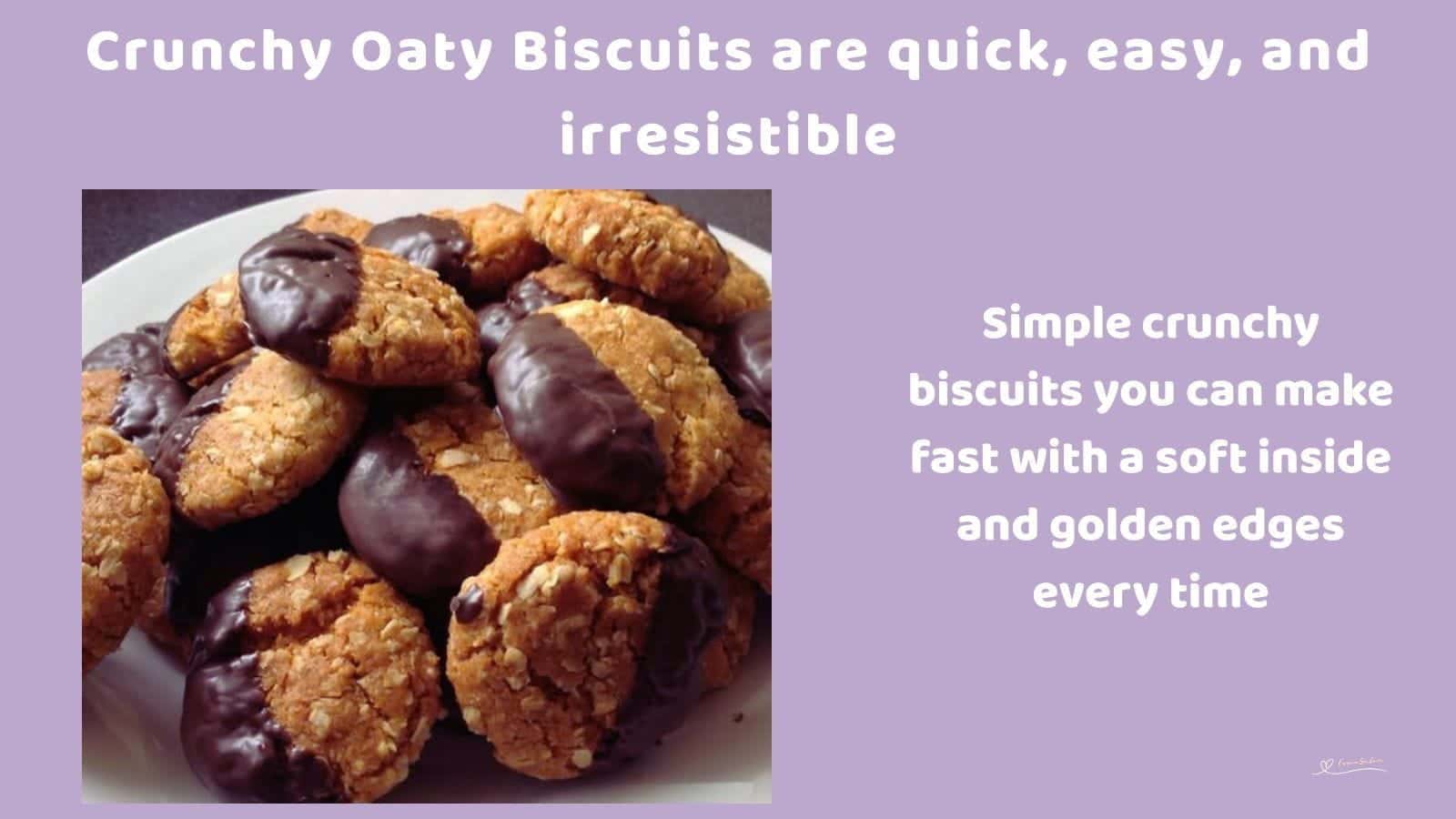 An image of Crunchy Oaty Biscuits with one corner dipped in chocolate