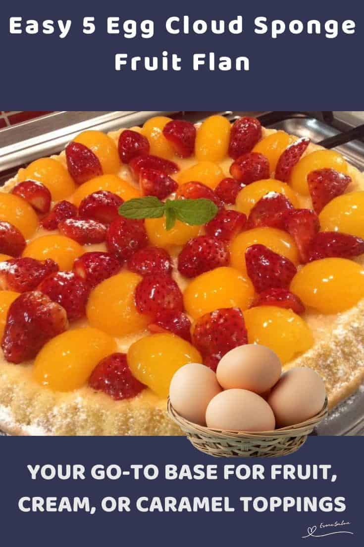 An image of a Cloud Sponge Fruit Flan with peaches and strawberries