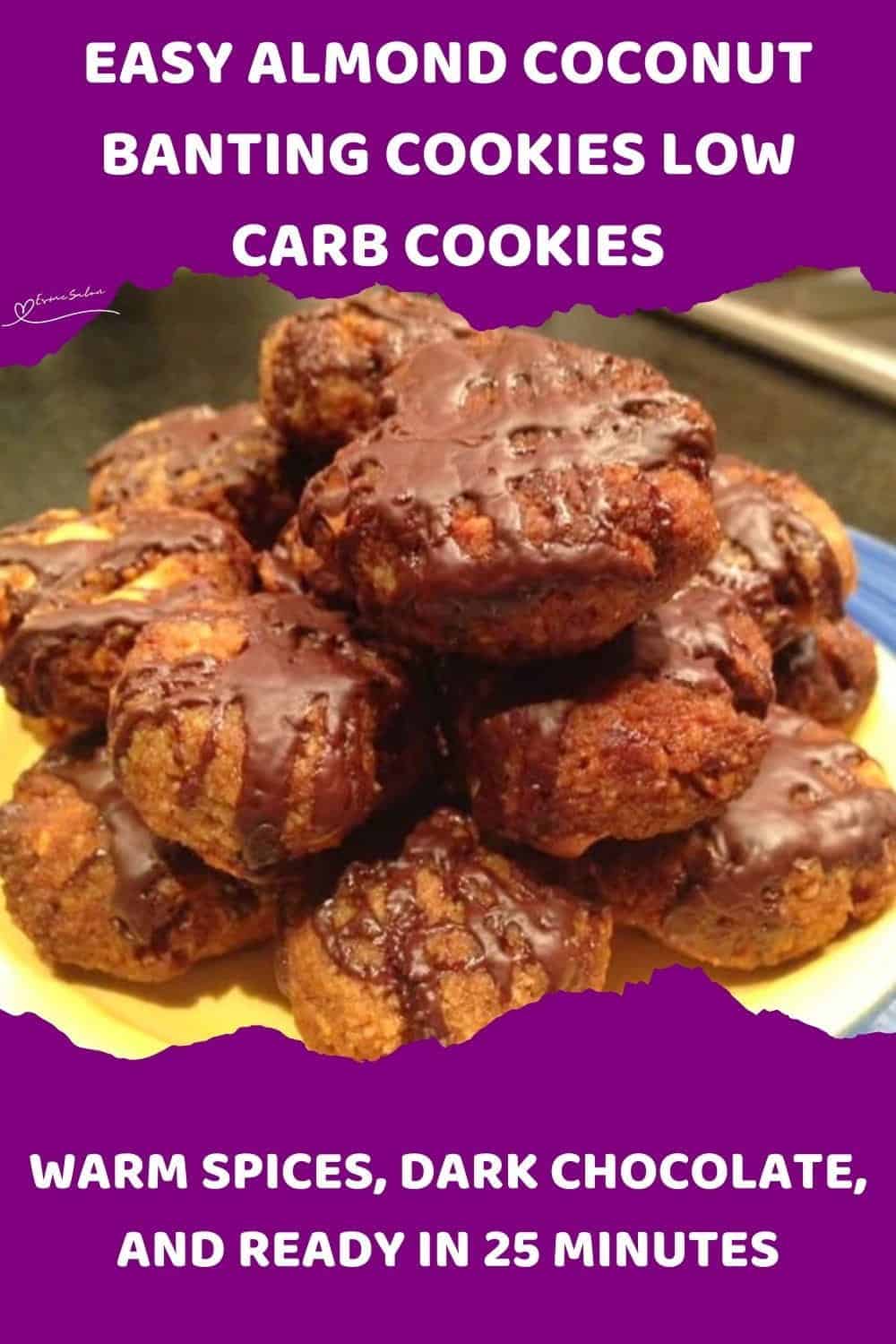 An image of a plate of Almond Coconut Banting Cookies drizzled with chocolate