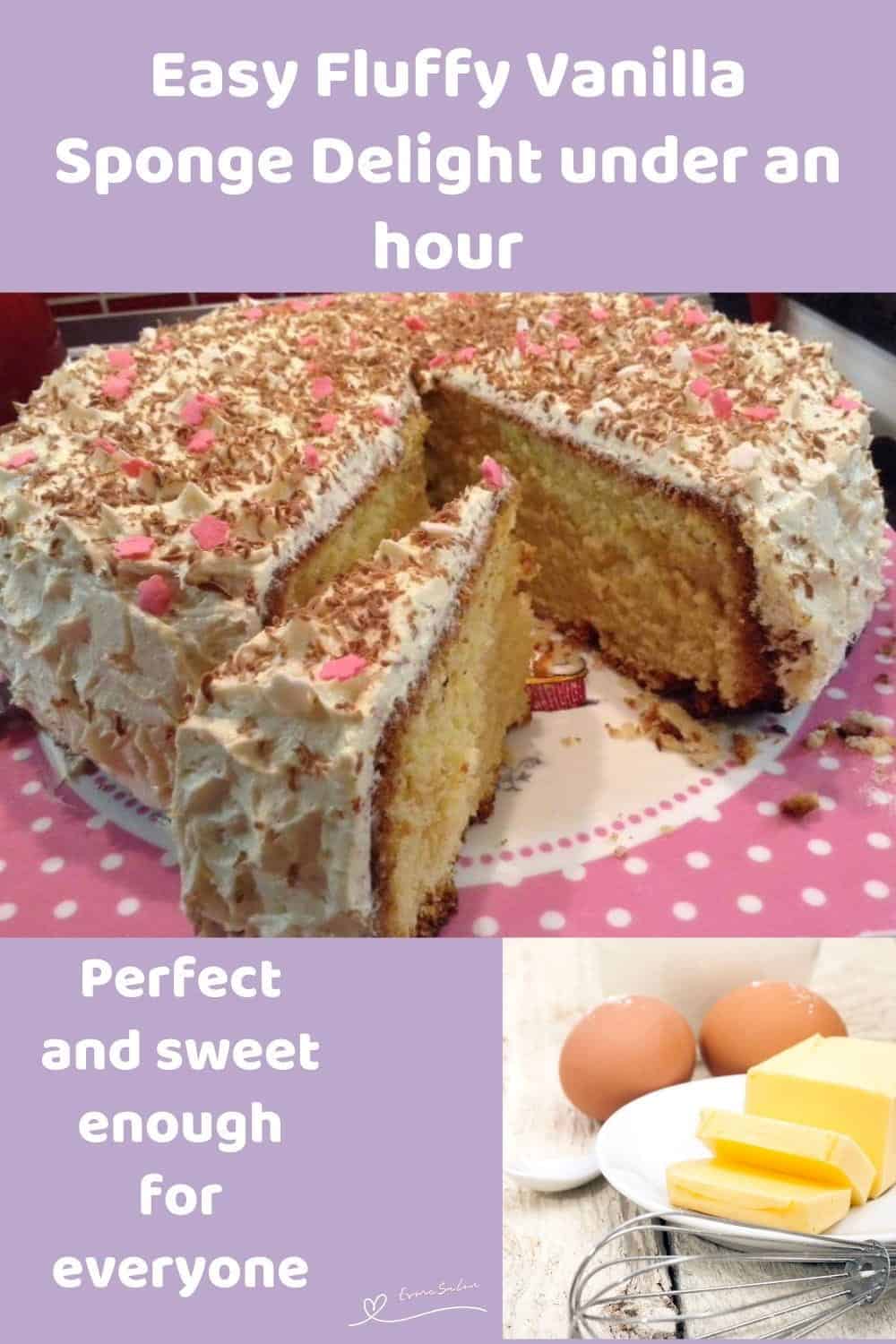 An image of a Fluffy Vanilla Sponge Cake Delight decorated with frosting and sprinkles