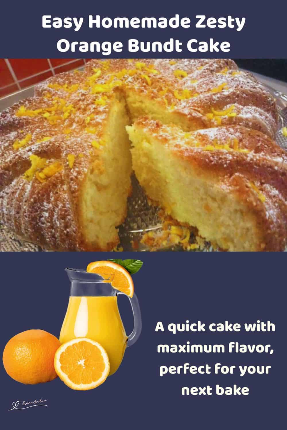 An image of a Orange Bundt Cake topped with icing sugar and orange zest