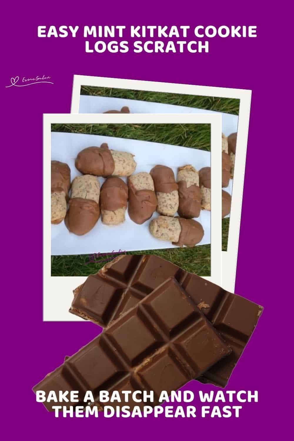 An image of Mint KitKat Cookie Logs dipped in chocolate on a white platter