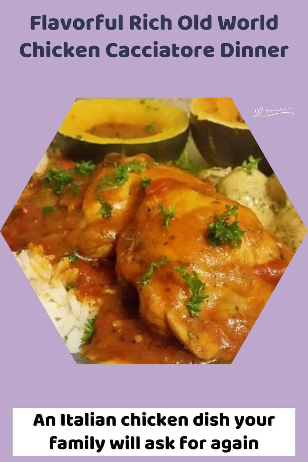 An image of Old World Chicken Cacciatore served with squash on the side and on a bed of rice