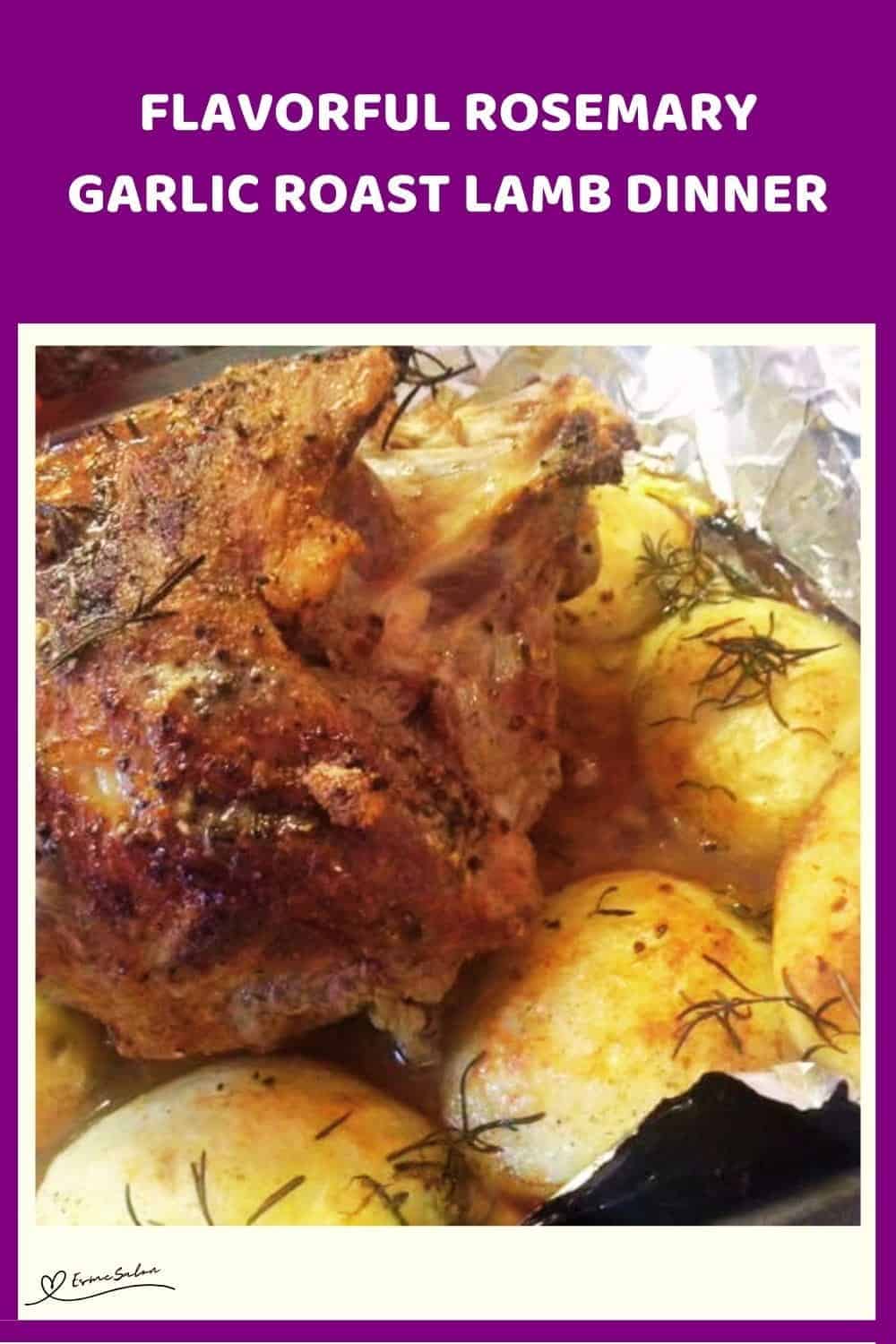 An image of a Rosemary Garlic Roast Lamb with potatoes on the side