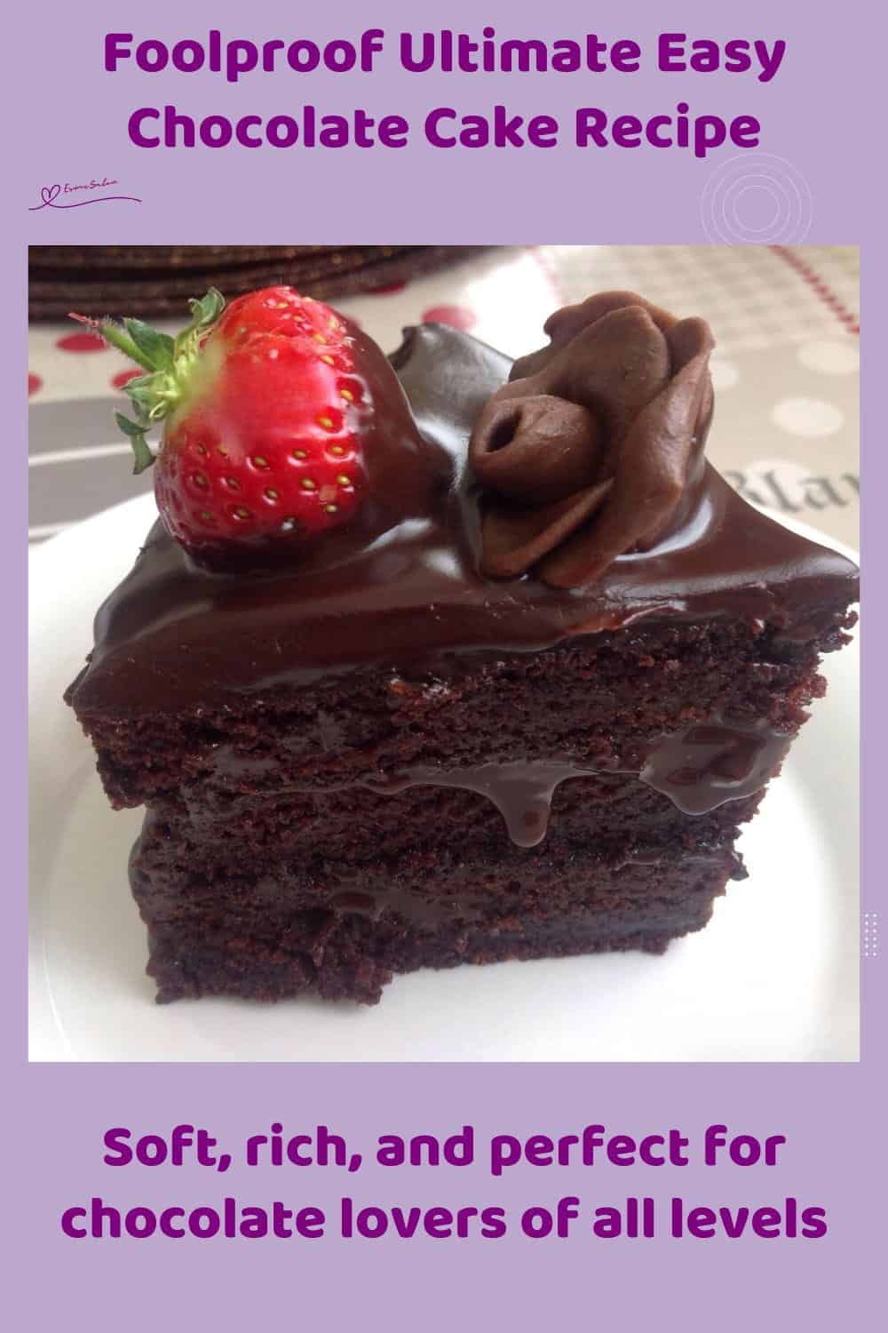 An image of an Easy Chocolate Cake as well as a slice with chocolate icing and decorated with fresh strawberries