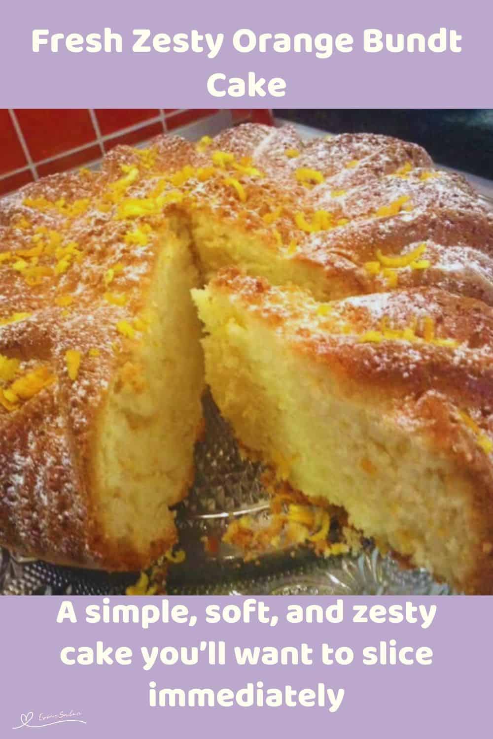 An image of a Orange Bundt Cake topped with icing sugar and orange zest