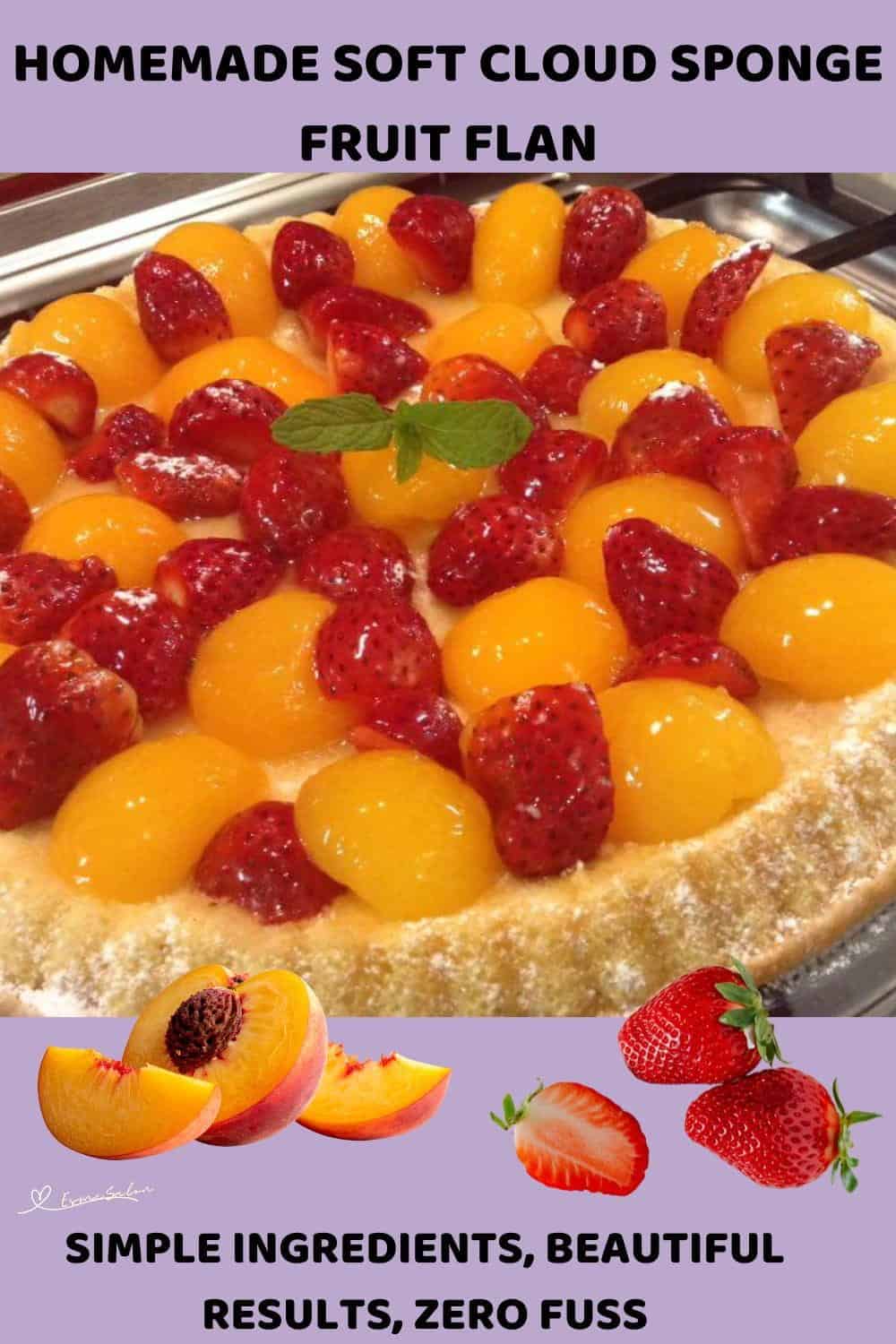 An image of a Cloud Sponge Fruit Flan with peaches and strawberries
