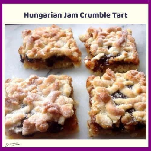 An image of a tray and cubes of Hungarian Jam Crumble Tart