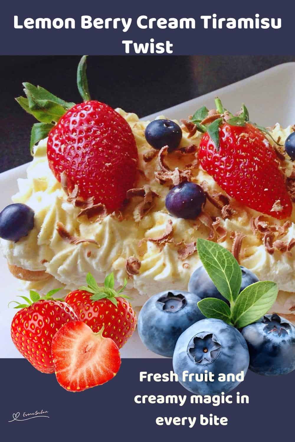 An image of a Berry Cream Tiramisu with boudoir biscuits and topped with blue and strawberries